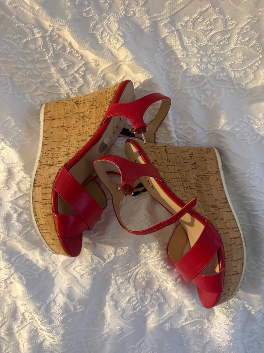 GUESS Red Cork Wedge Sandals with Ankle Strap - Picture 4 of 7